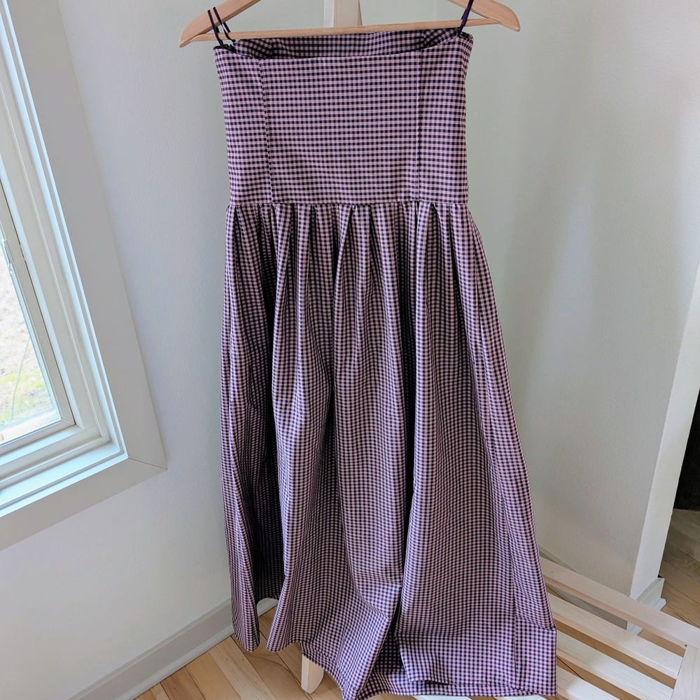 NWT Zara Strapless Gingham Patterned Midi Dress in Burgundy/White - S - Picture 15 of 16